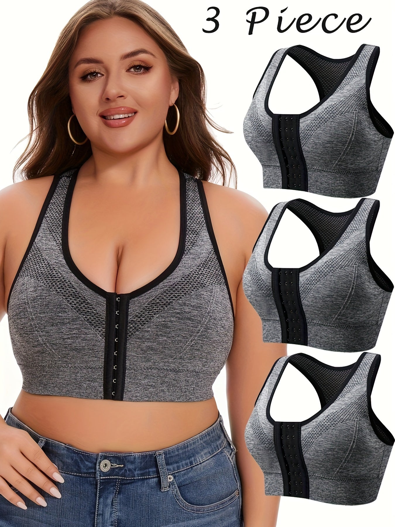 3pcs Front Closure Wire-Free Sports Bras - Breathable High-Elasticity Yoga Bras with Removable Pads, Plus Size V-Neck Design in