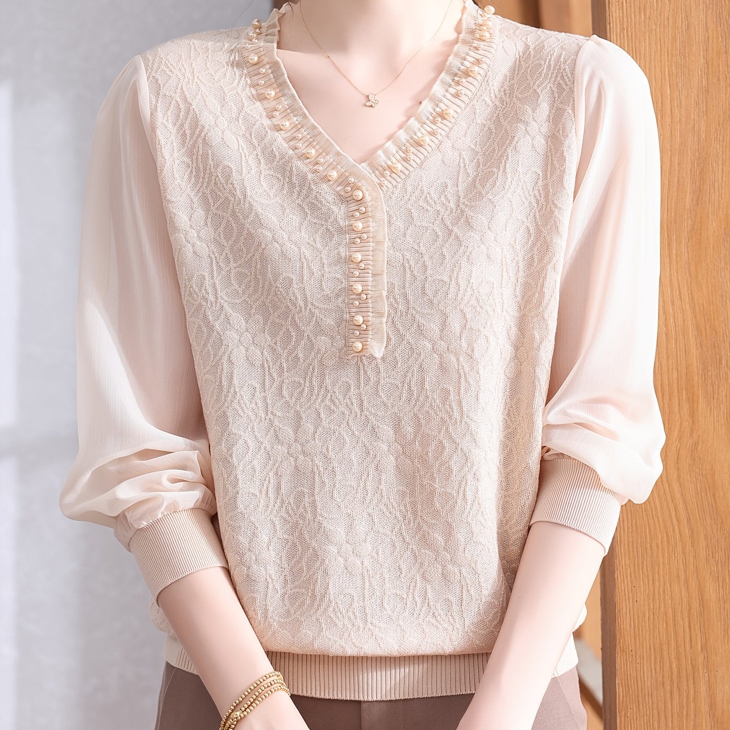 Women's Lightweight V-Neck Blouse with Beaded Detail