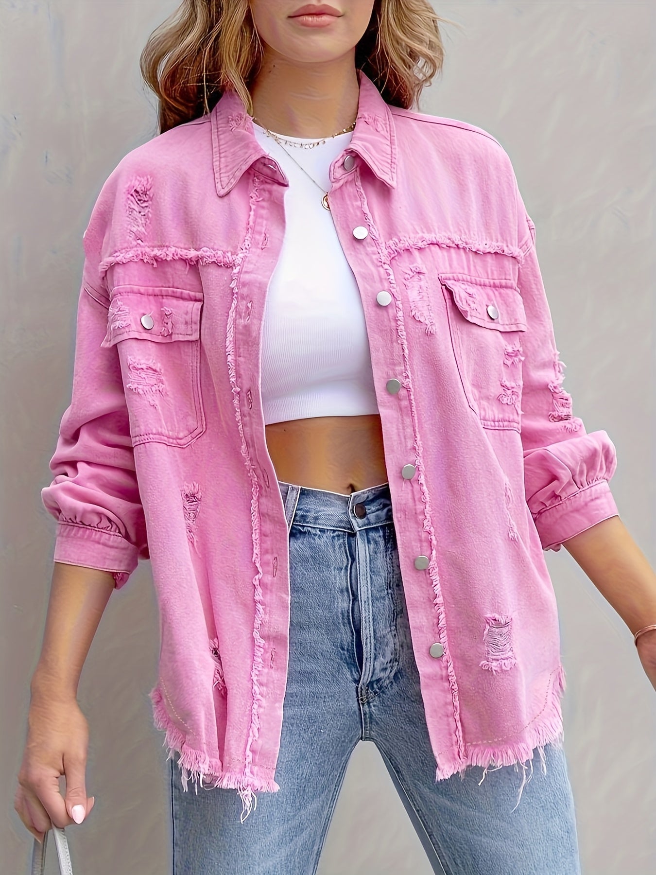 Casual Women's Pink Denim Long Shirt Jacket Perfect for Spring/Summer