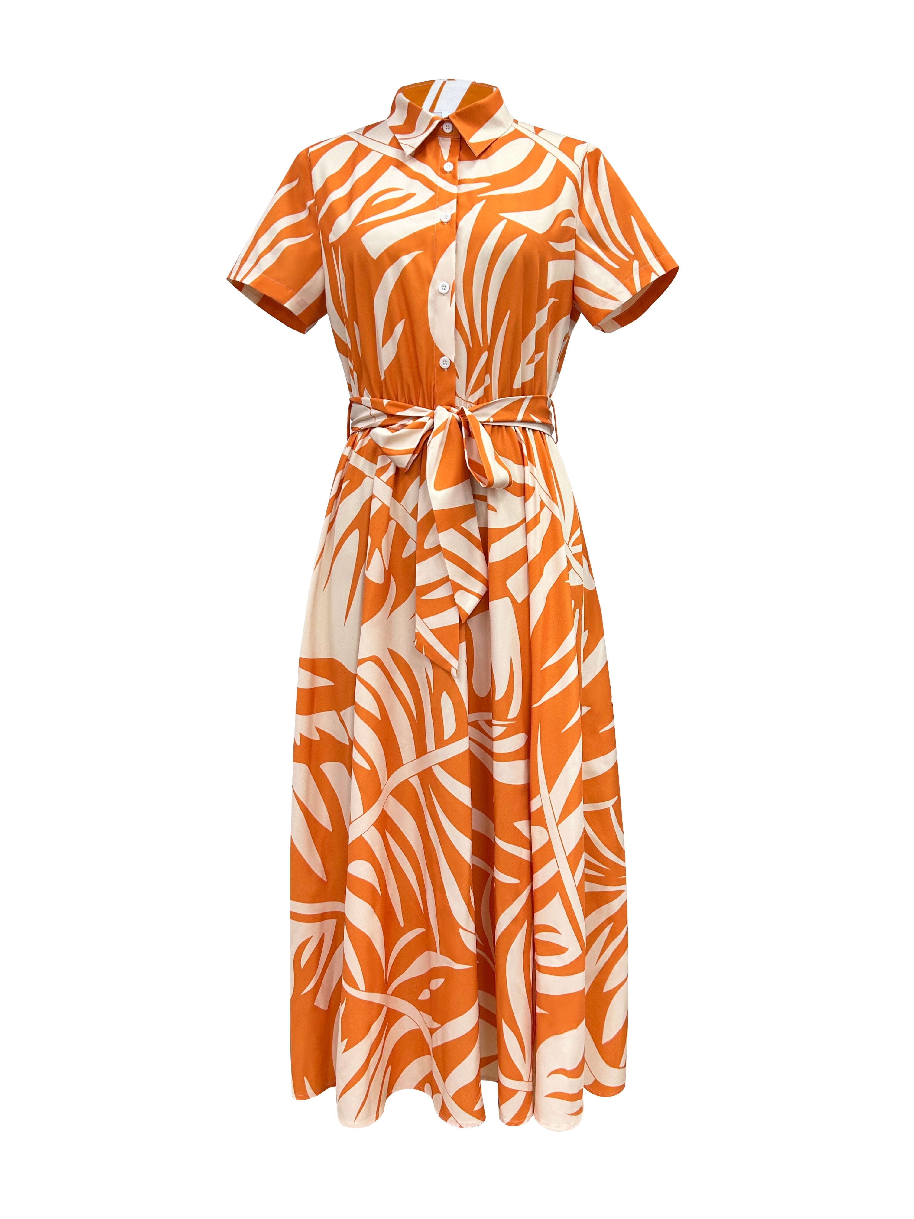 Charming Floral Print Dress - Stylish Button Front, Short Sleeve Collar Design