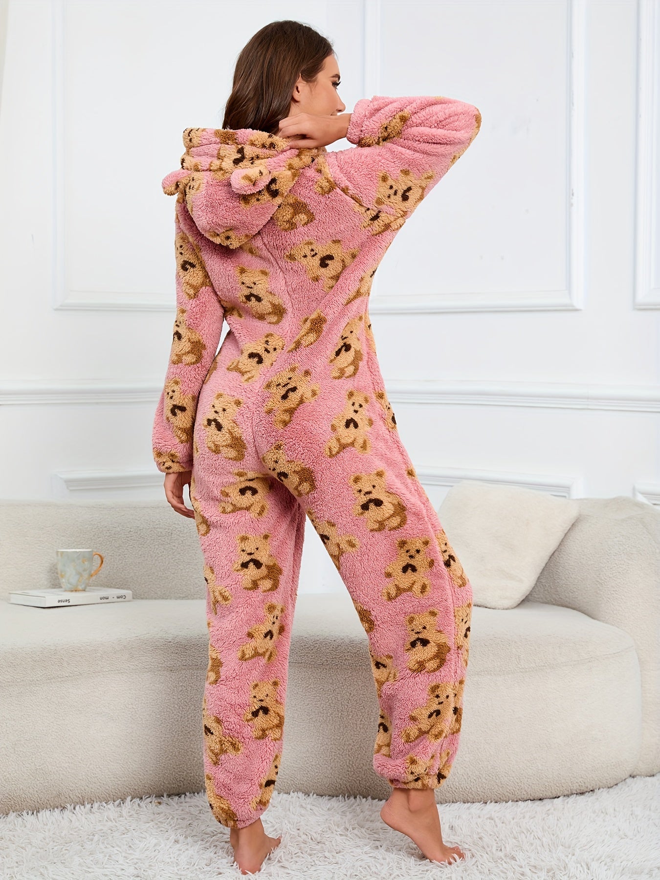 Bear Pattern Zip Up Hooded Fuzzy Jumpsuit, Elegant Long Sleeve Jumpsuit For Fall & Winter