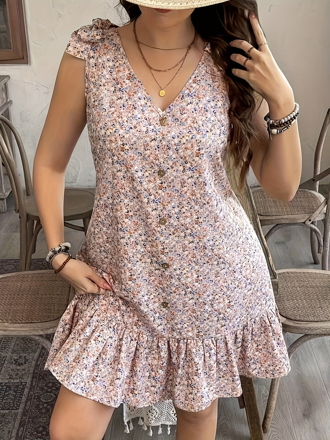 Floral V-Neck Sleeveless Light Weight Dress with Ruffled Hem & Button Details