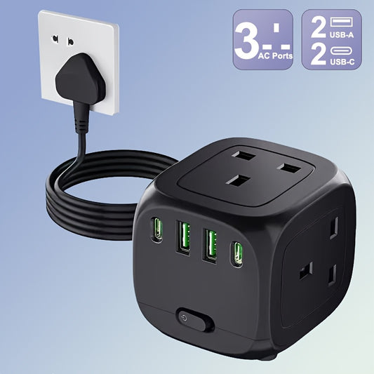 Multifunctional Wall Outlet Power Strip with 3 AC Ports, USB-A & Type-C