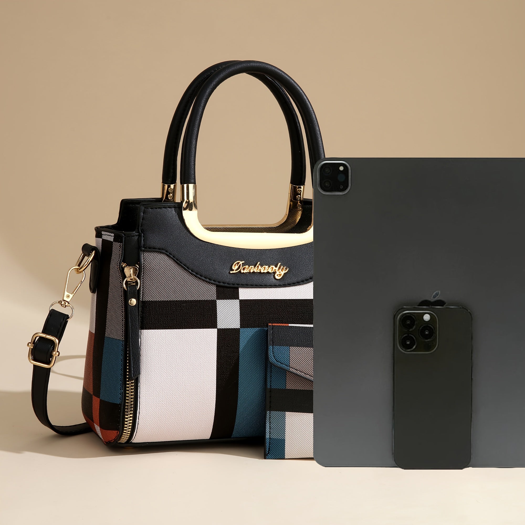 Elegant Plaid Tote and Crossbody Bag Set