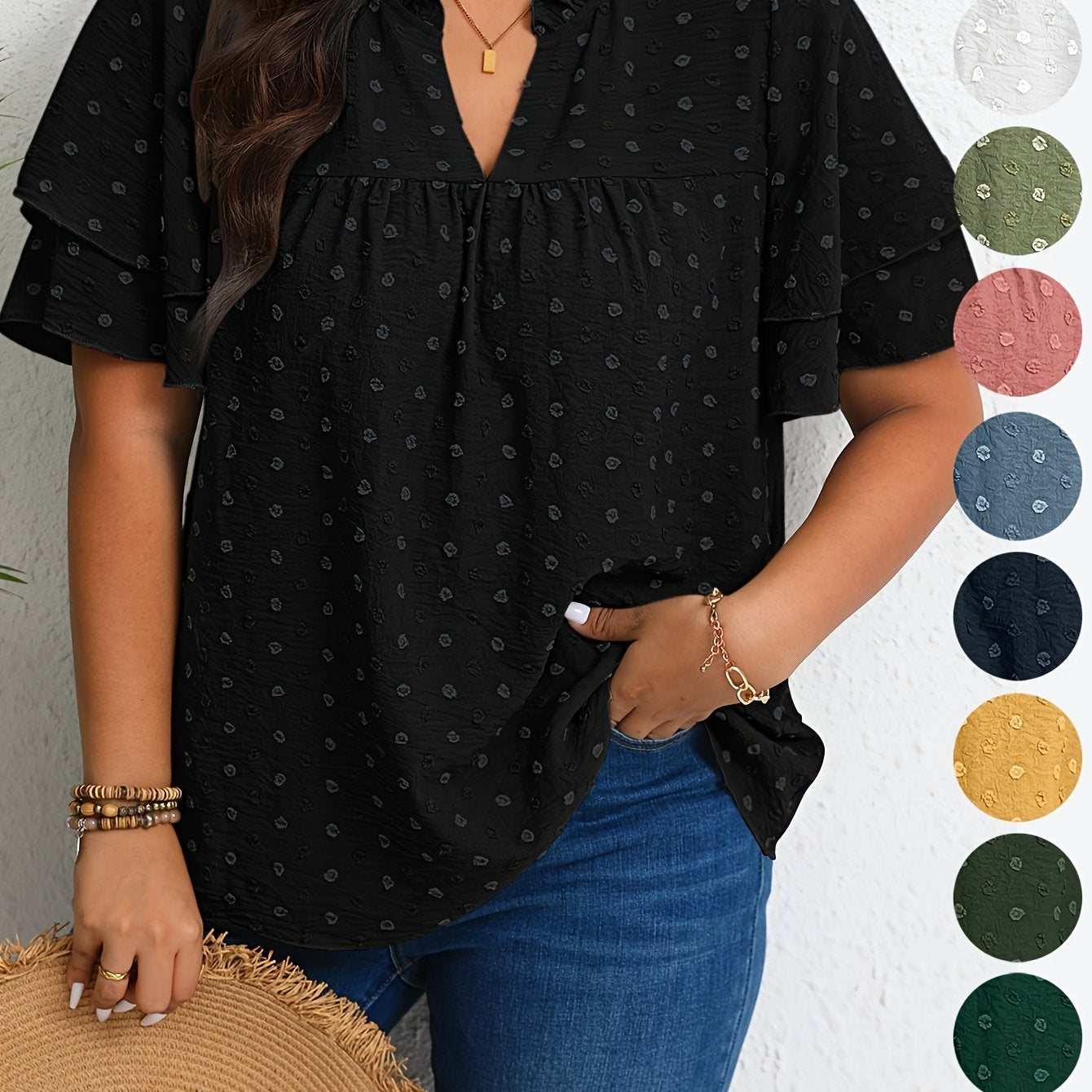 Plus Size Women's Casual V-Neck Blouse with Ruffled Short Sleeves
