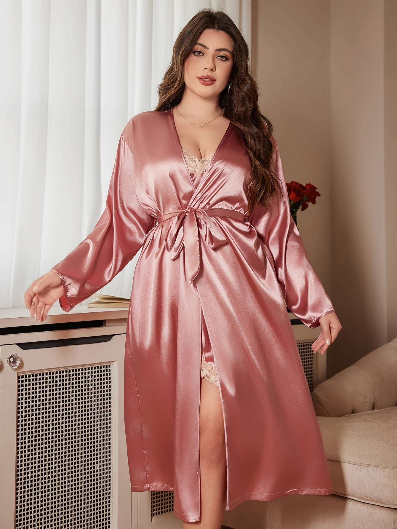 Valentine's Day Style Large Size Nightgown and Nightgown 2pcs Fashion Sexy Fashion Imitation Contrast Lace Extended Style Home Robe with