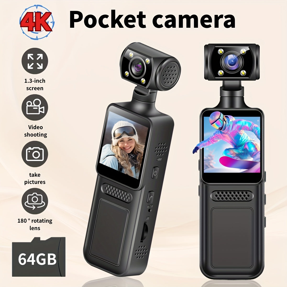 4K handheld stabilizer pocket sports camera with 180 ° rotating lens