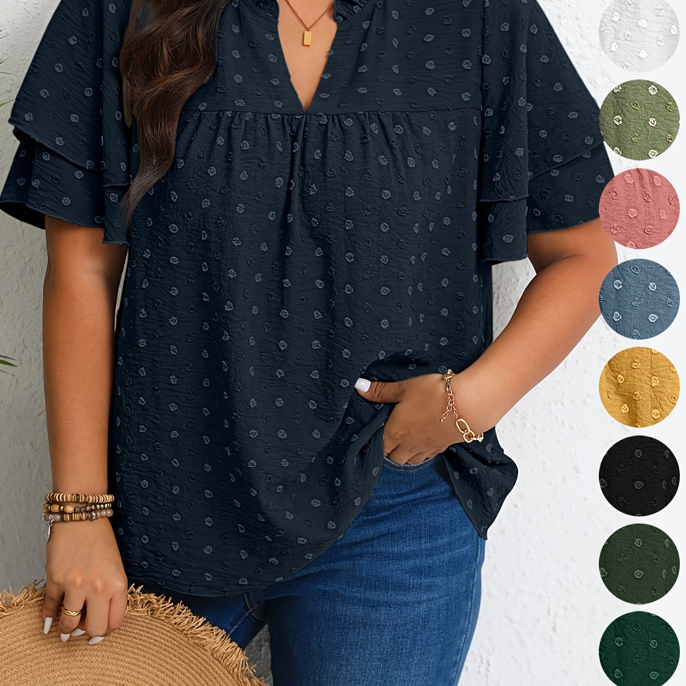 Plus Size Women's Casual V-Neck Blouse with Ruffled Short Sleeves