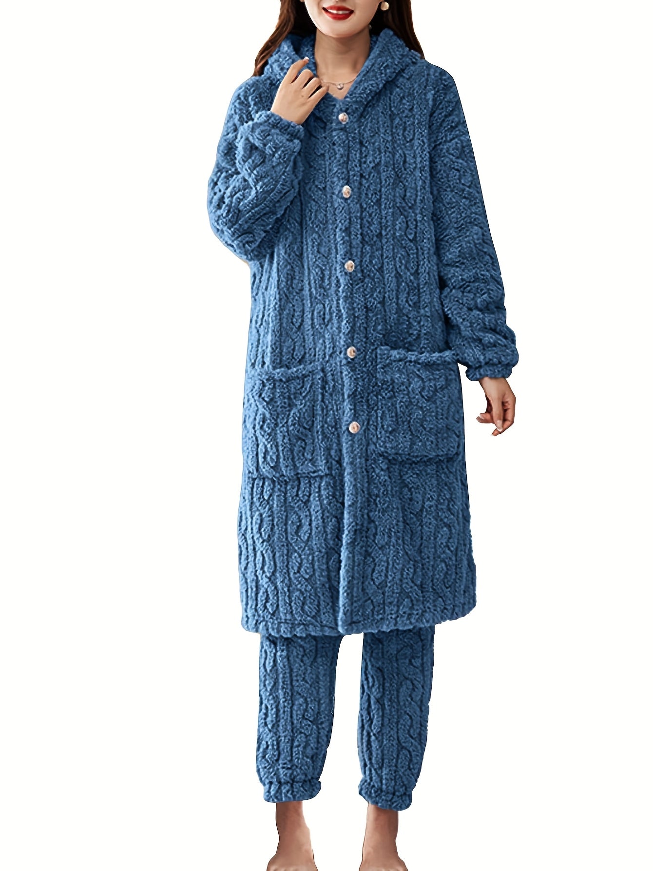 Thick Flannel Pajama Set for Women & Men - Winter Hooded Thermal Sleepwear with Front Button Placket