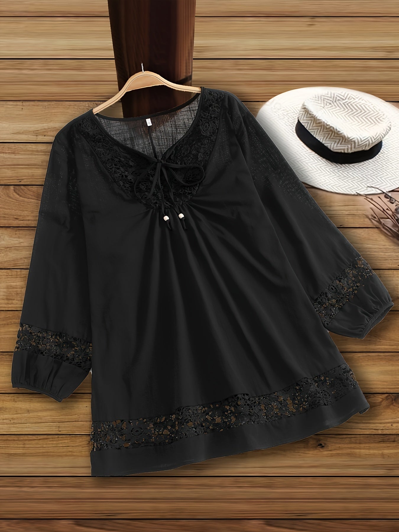 Casual Tie-neck 3/4 Sleeve Blouse For Spring, Women's Plus Size