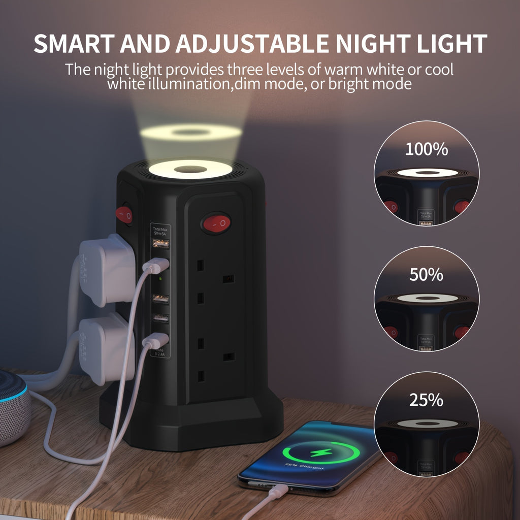 Extension Cord with USB Plug and Night Light, 13A 3250W Extension Tower with 5 USB Ports and 8 Way Plugs