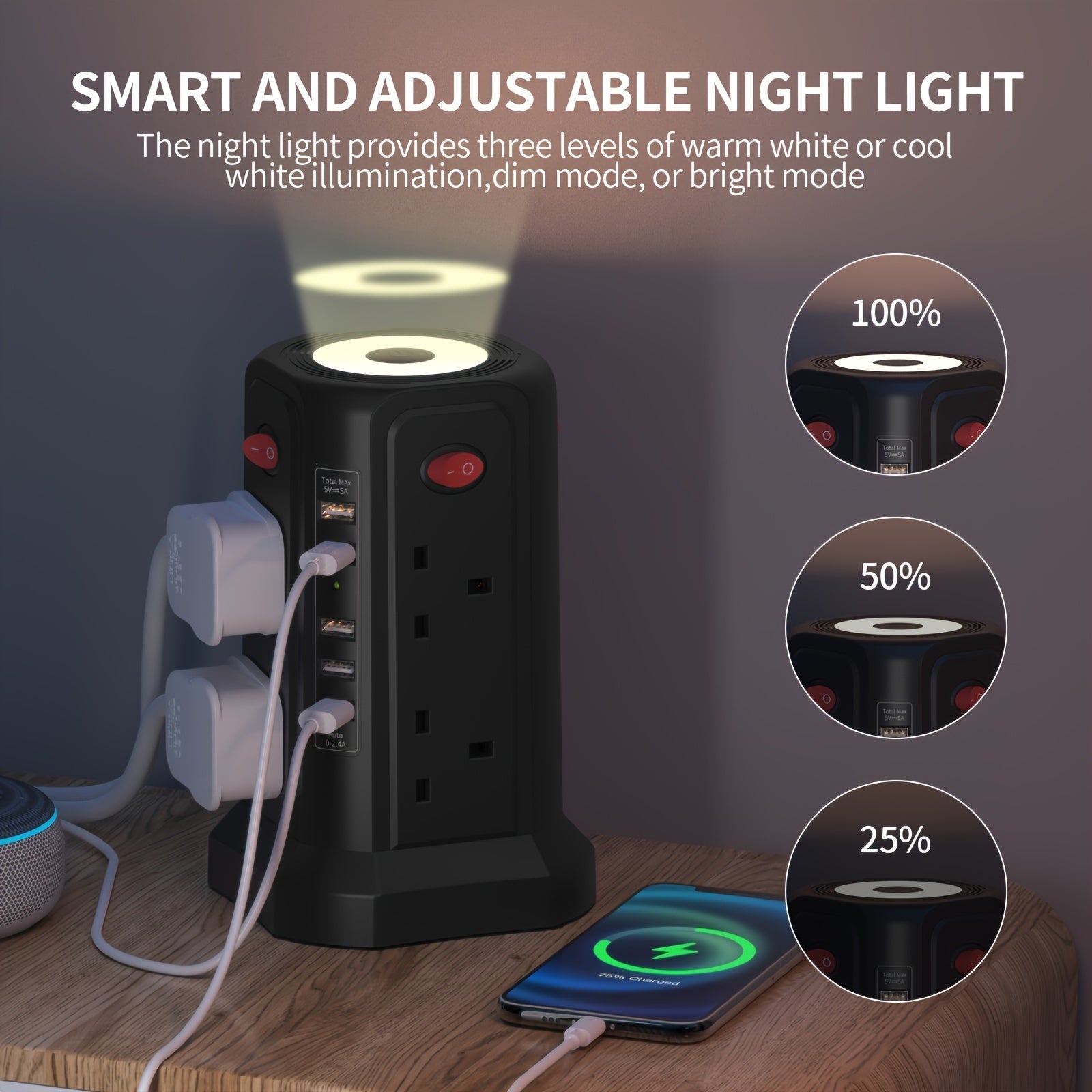 Extension Cord with USB Plug and Night Light, 13A 3250W Extension Tower with 5 USB Ports and 8 Way Plugs