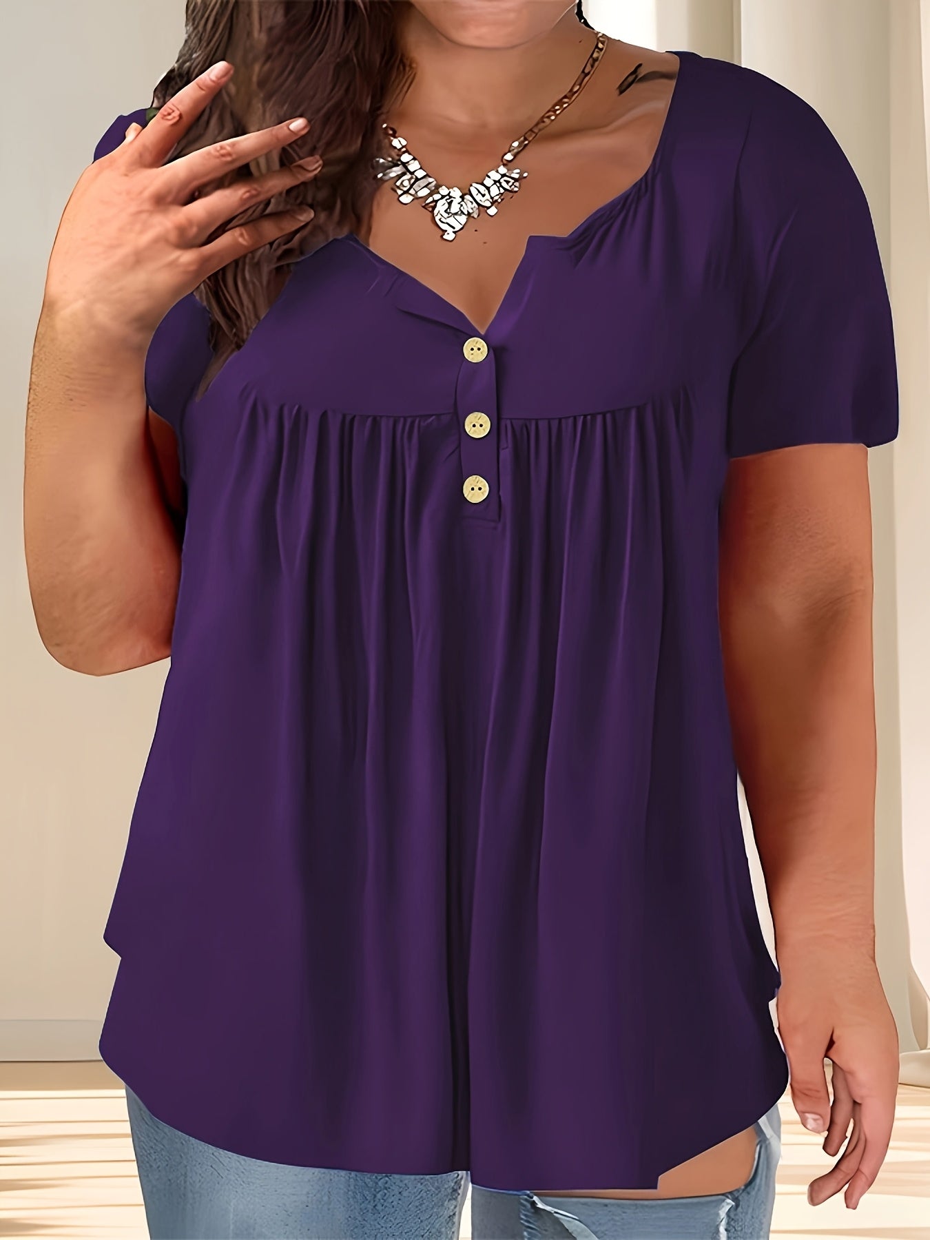 Women'S Plus Size Casual Buttoned Pleated T-Shirt, Summer Knit Fabric Top, Crew Neck, Solid Color, Slight Stretch, Oversized Pullovers,