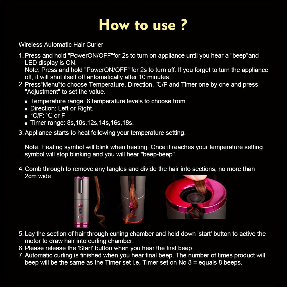 Effortless Cordless Hair Curler - USB Rechargeable, 6 Heating & Timer Settings