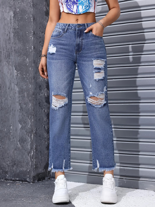 Ripped Straight Leg Stylish Jeans