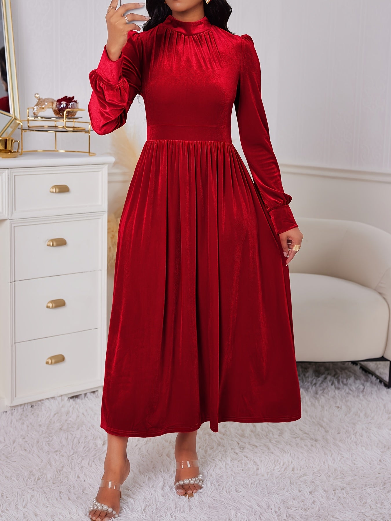 Elegant Velvet Long Dress High Neck, Lantern Sleeve, Red, Vintage Style for Parties and Christmas