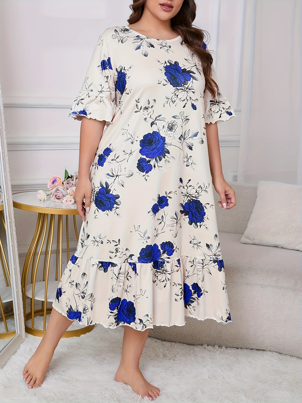 Elegant Floral Print Plus Size Nightgown