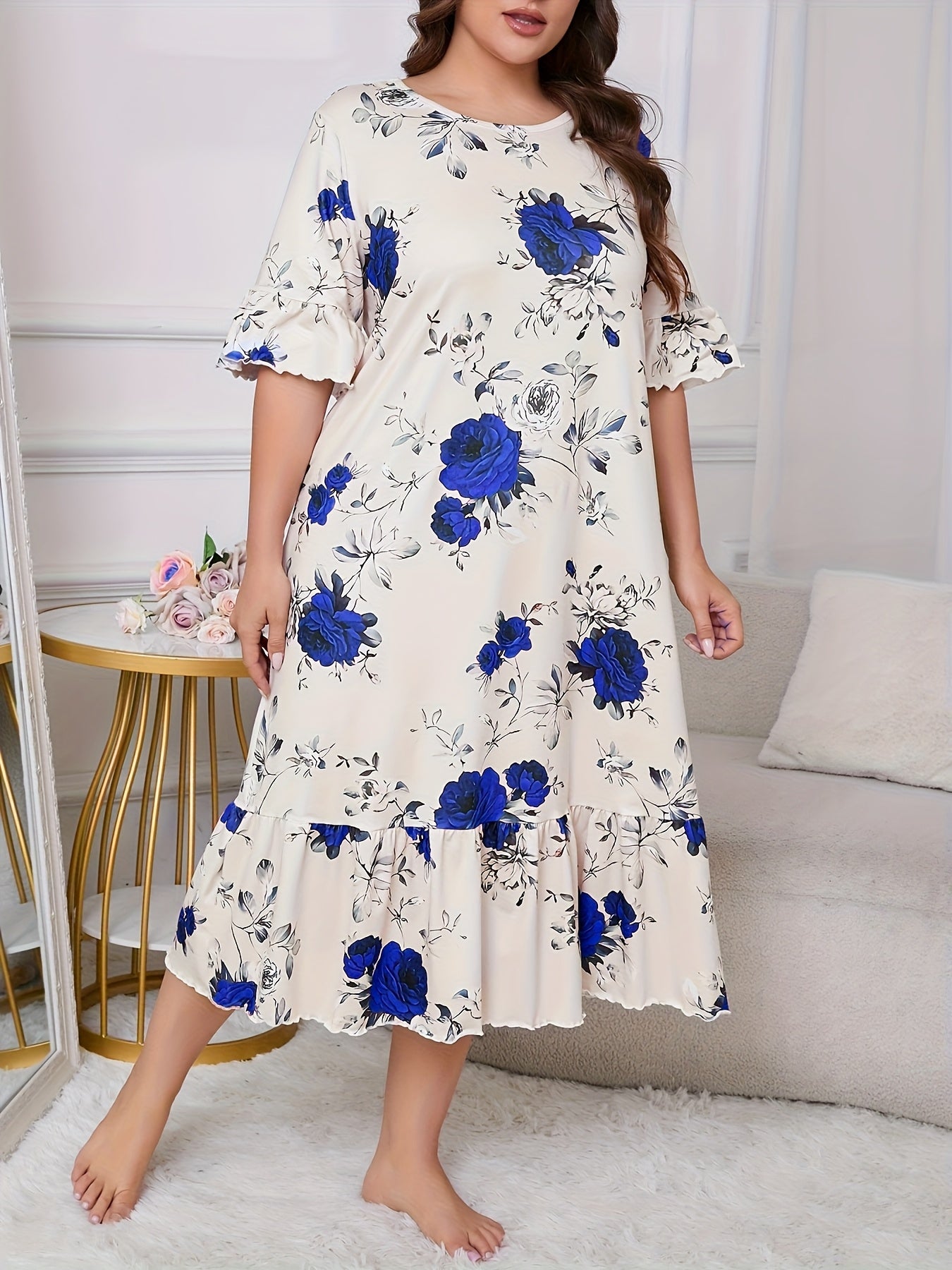 Elegant Floral Print Plus Size Nightgown