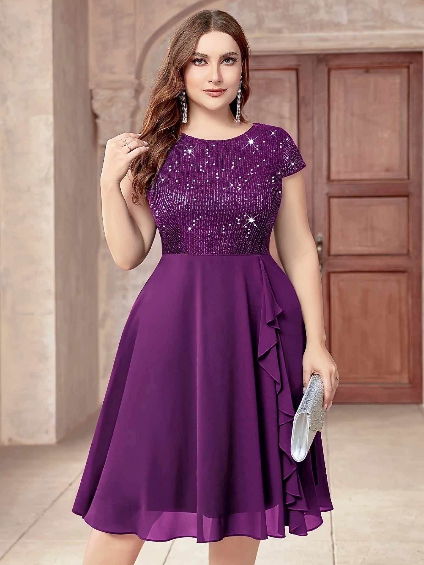 Women'S Plus-Size Chiffon Dress with Sequin Patchwork Party Dress Eid Dress