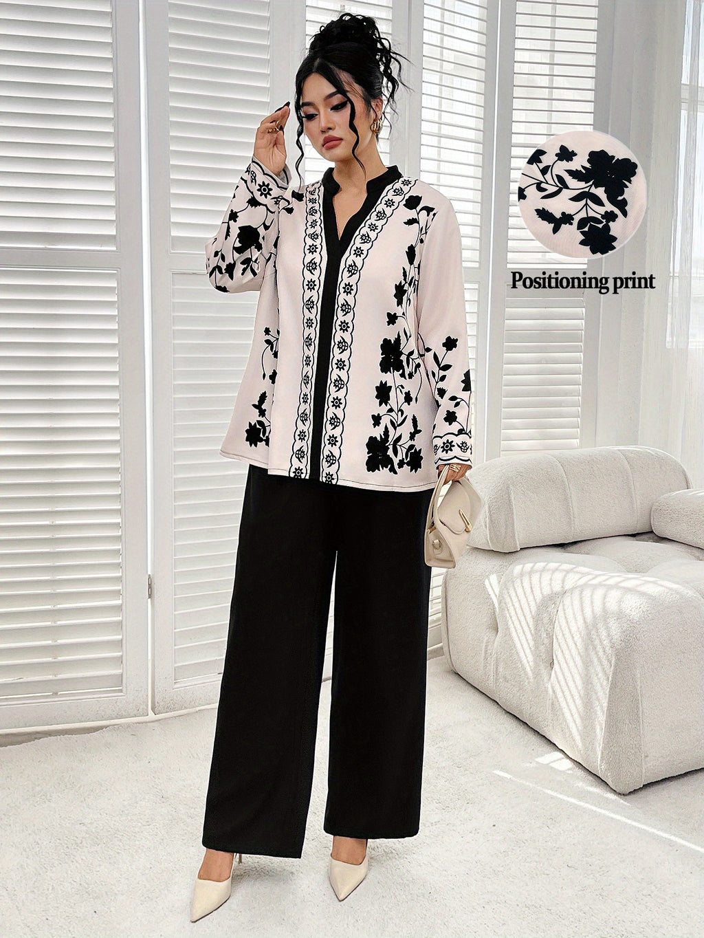 Plus Size - Elegant Floral Print Long Sleeve Blouse with Stand Collar