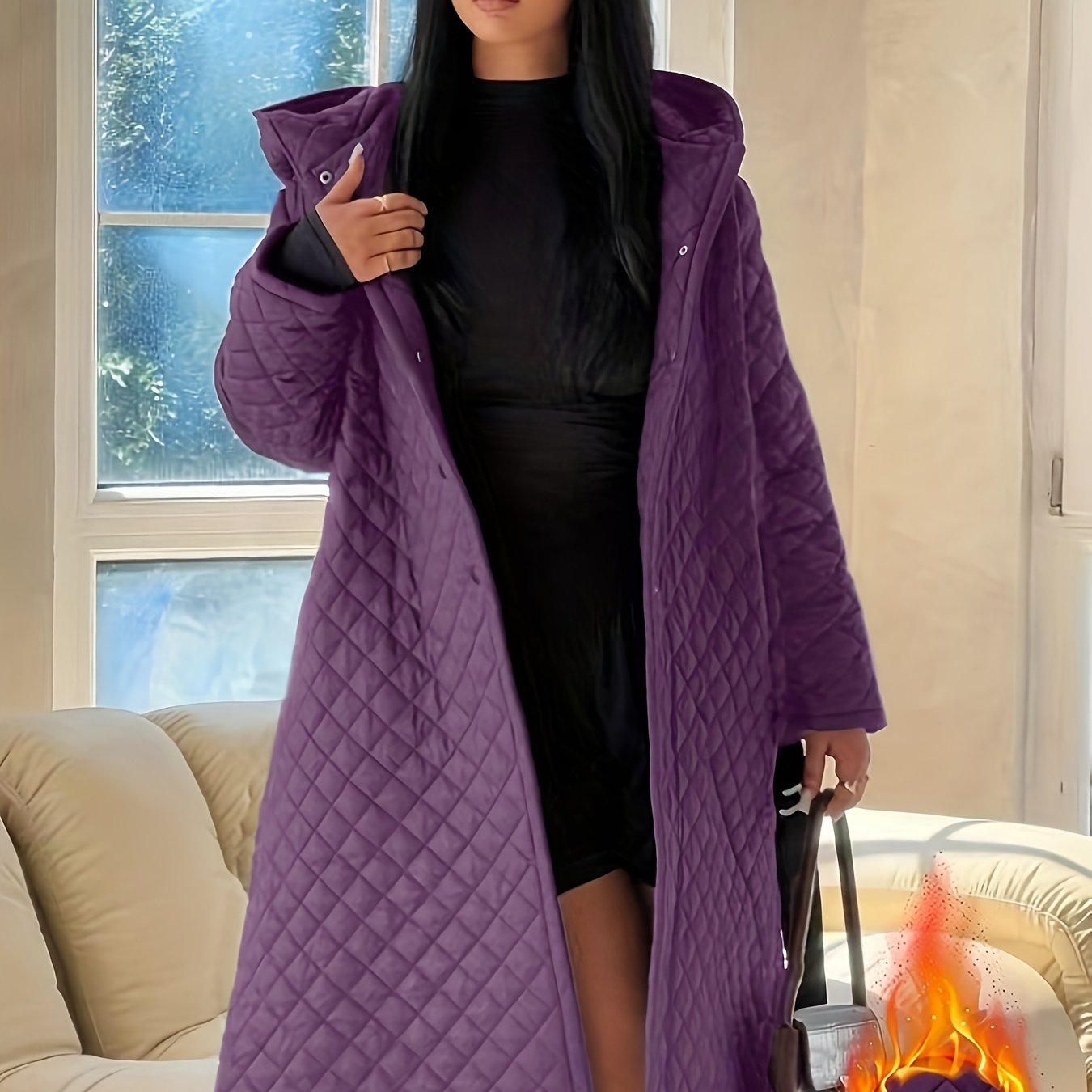 Elegant Fashion Quilted Over-the-Knee Dress with a Loose Hooded Design, Featuring a Belt for Women.