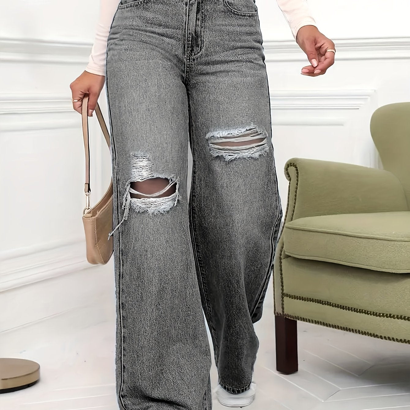 Women's Plus Size High-Waisted Stretch Pants with Distressed Knee Rips