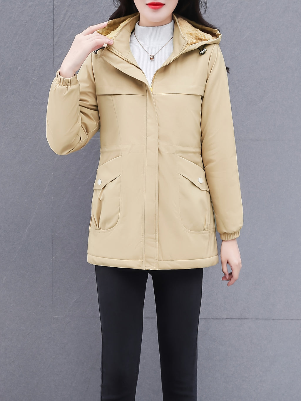 Women's Thick Winter Jacket with Collar - Warm Mid-Length Zippered Coat