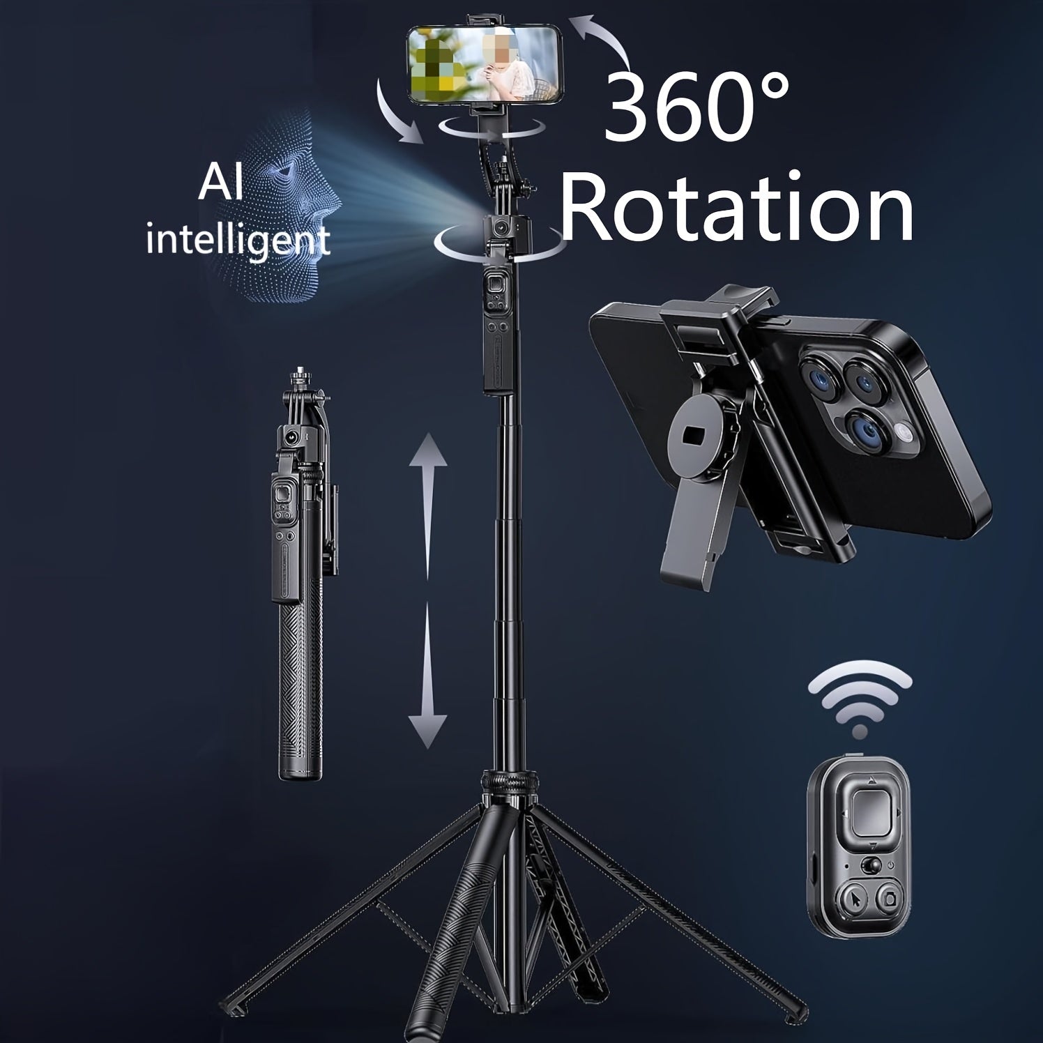 Auto Face Tracking Tripod 360° Rotation, Extendable