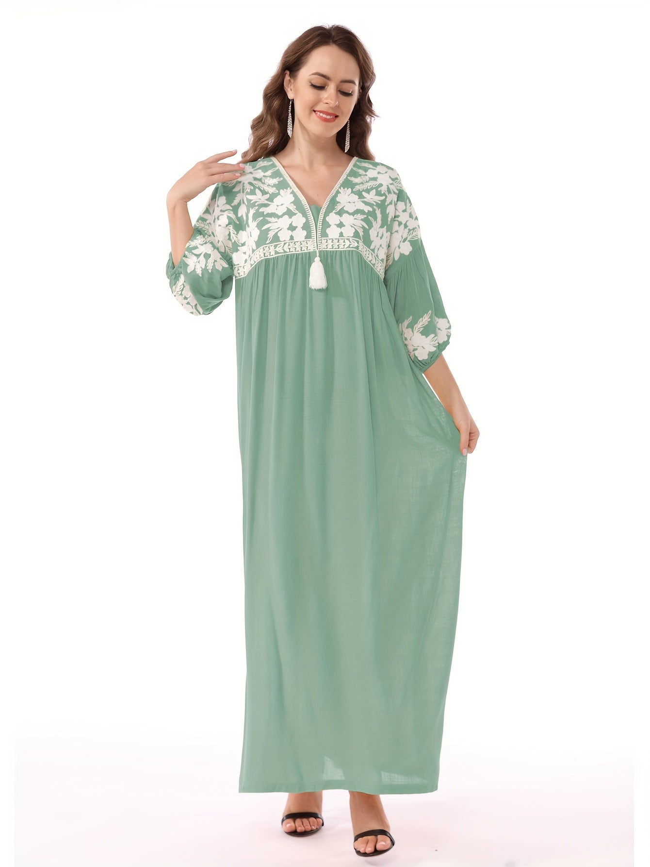 Women's White Floral Embroidery - Loose Fit, V-Neck, Half Sleeve, Non-Stretch Fabric