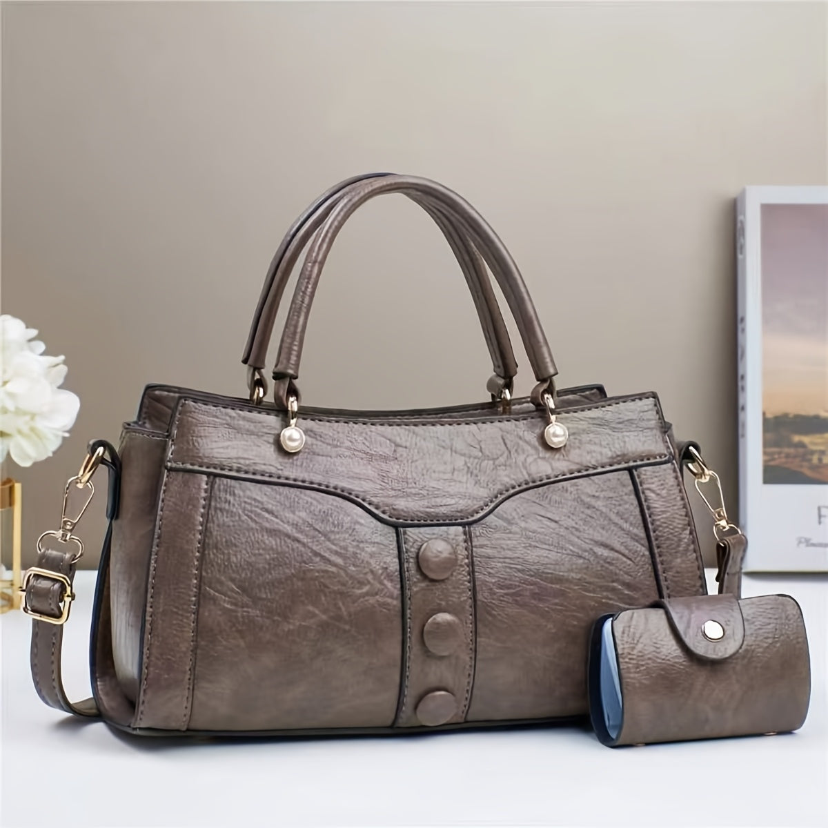 Women's Elegant Beige Synthetic Crossbody Bag with Golden-Tone