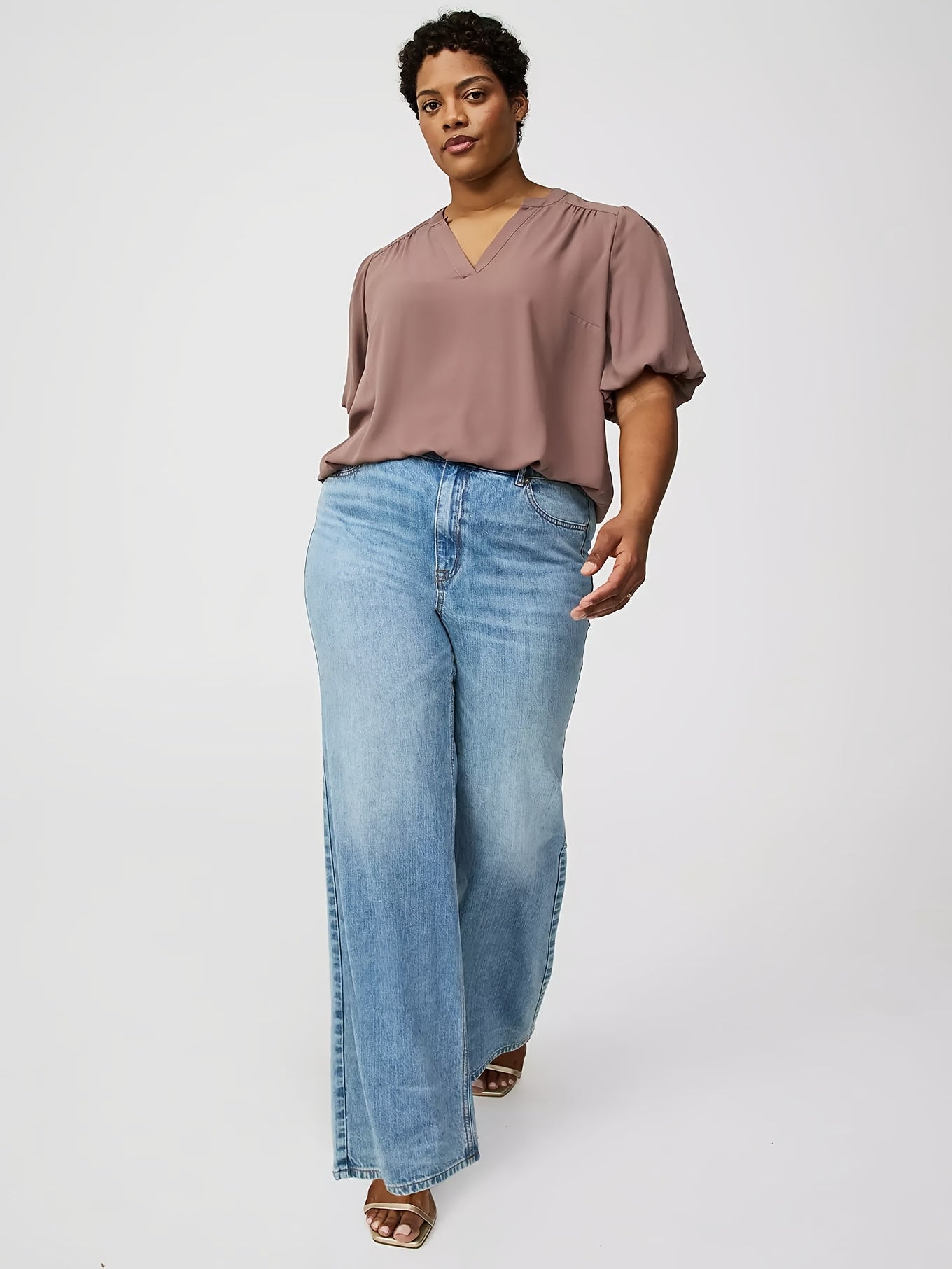 Women's Wide-Leg High-Waisted Wash Blue Jeans - Plus Size Stretch Denim Pants