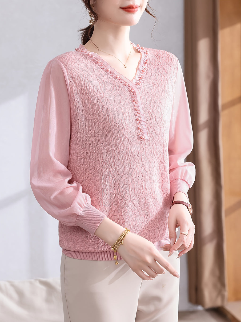 Women's Lightweight V-Neck Blouse with Beaded Detail