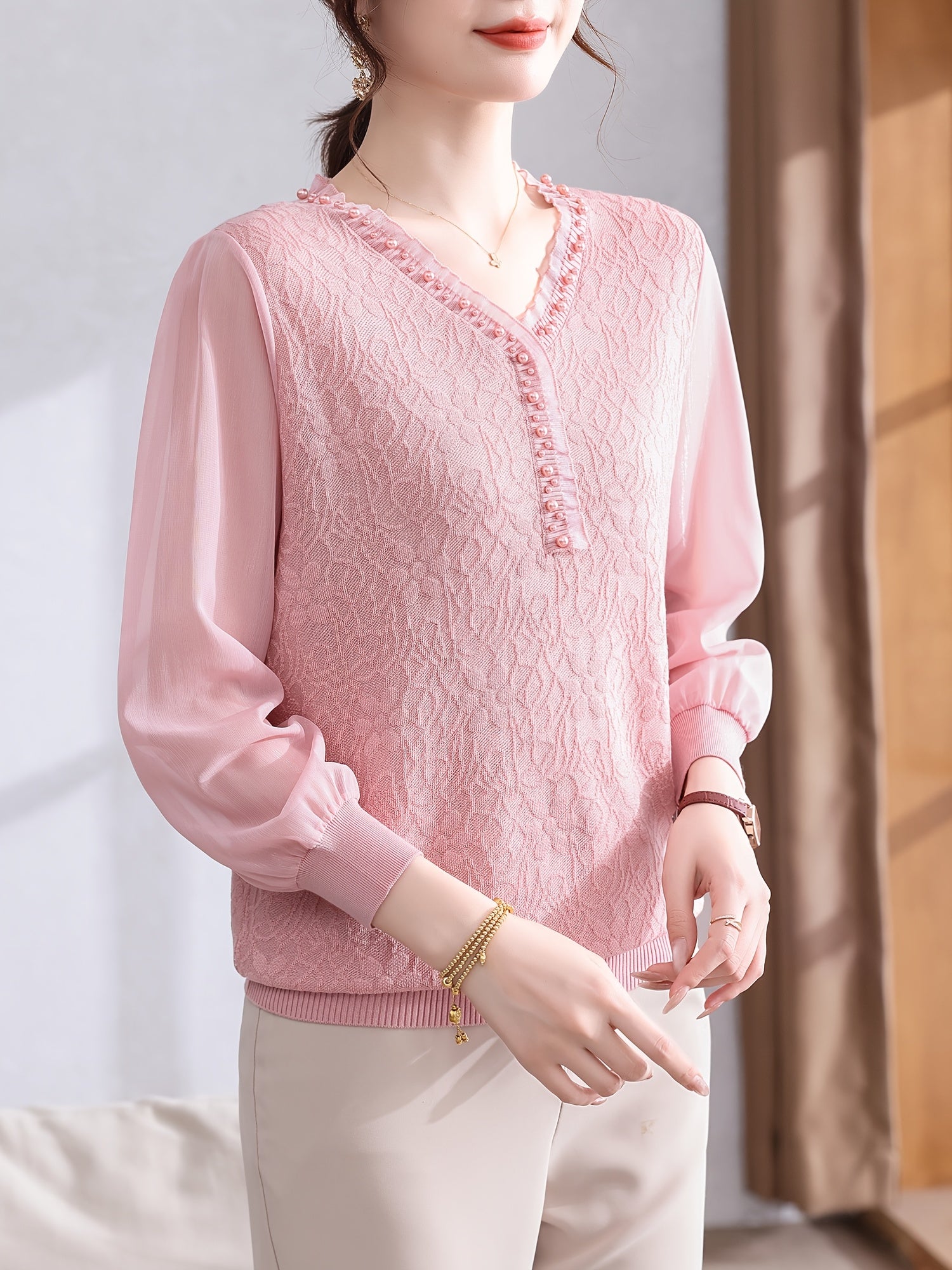 Women's Lightweight V-Neck Blouse with Beaded Detail