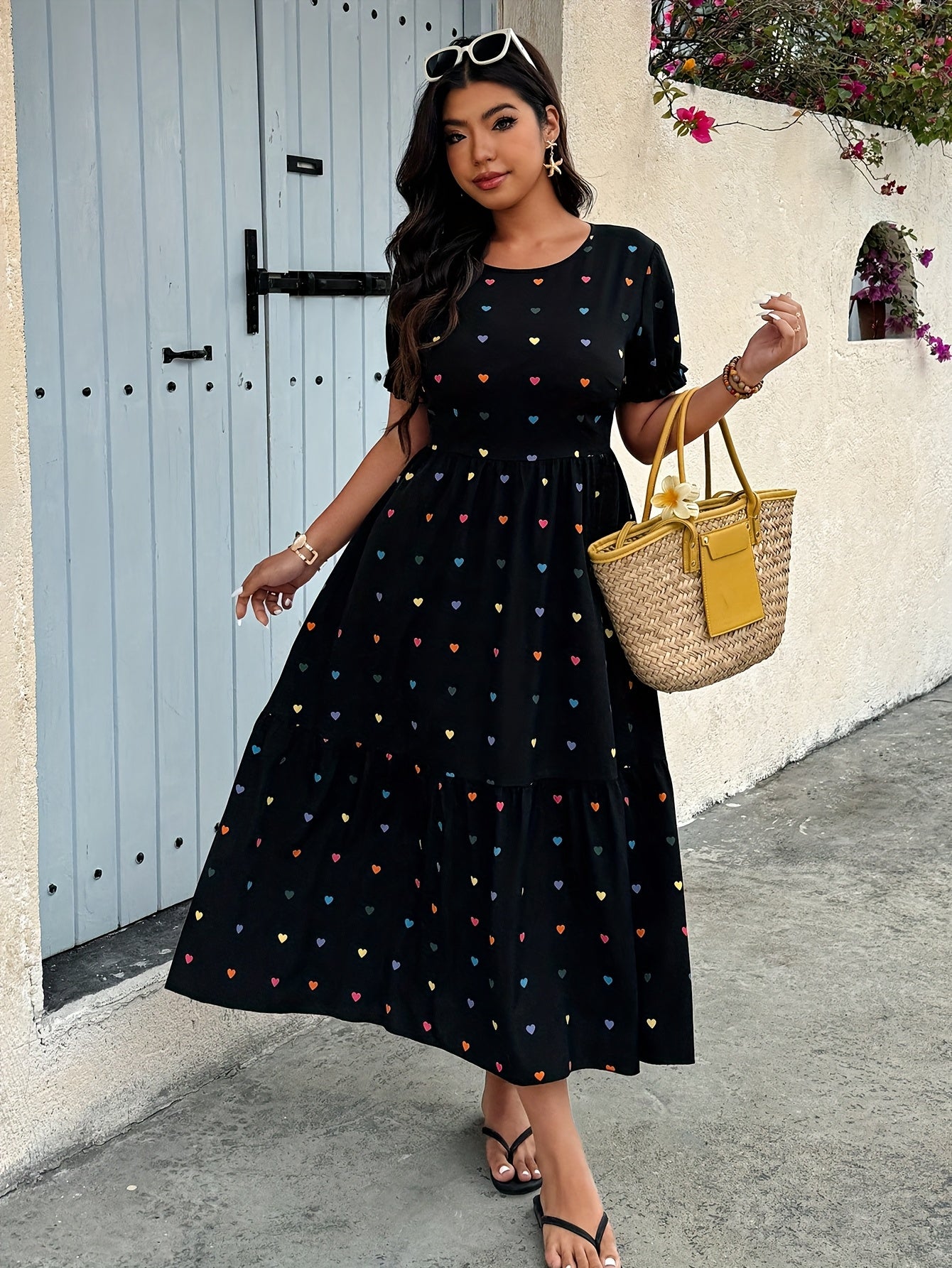 Women's Round Neck Short Sleeve Heart Print Dress