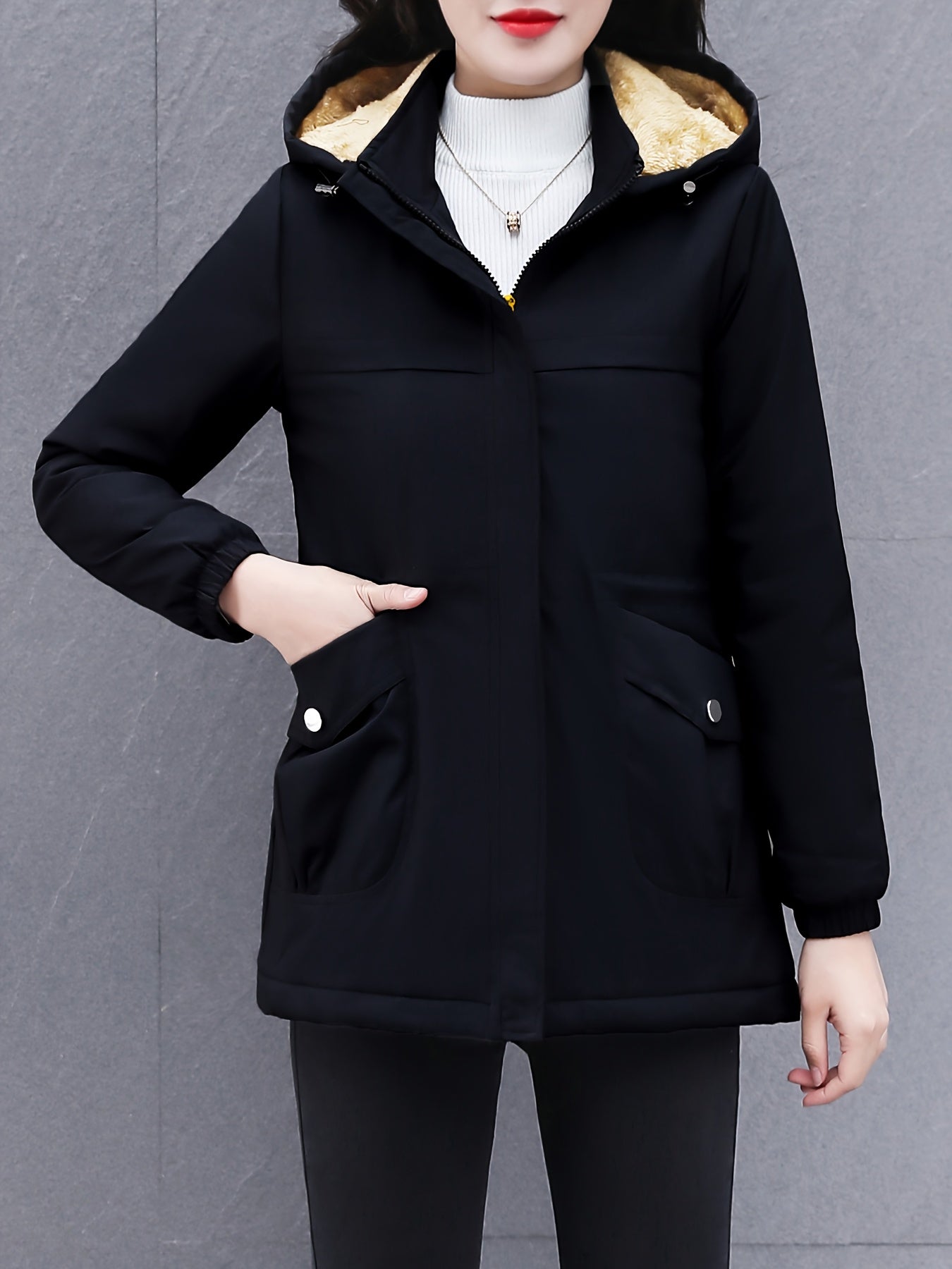 Women's Thick Winter Jacket with Collar - Warm Mid-Length Zippered Coat