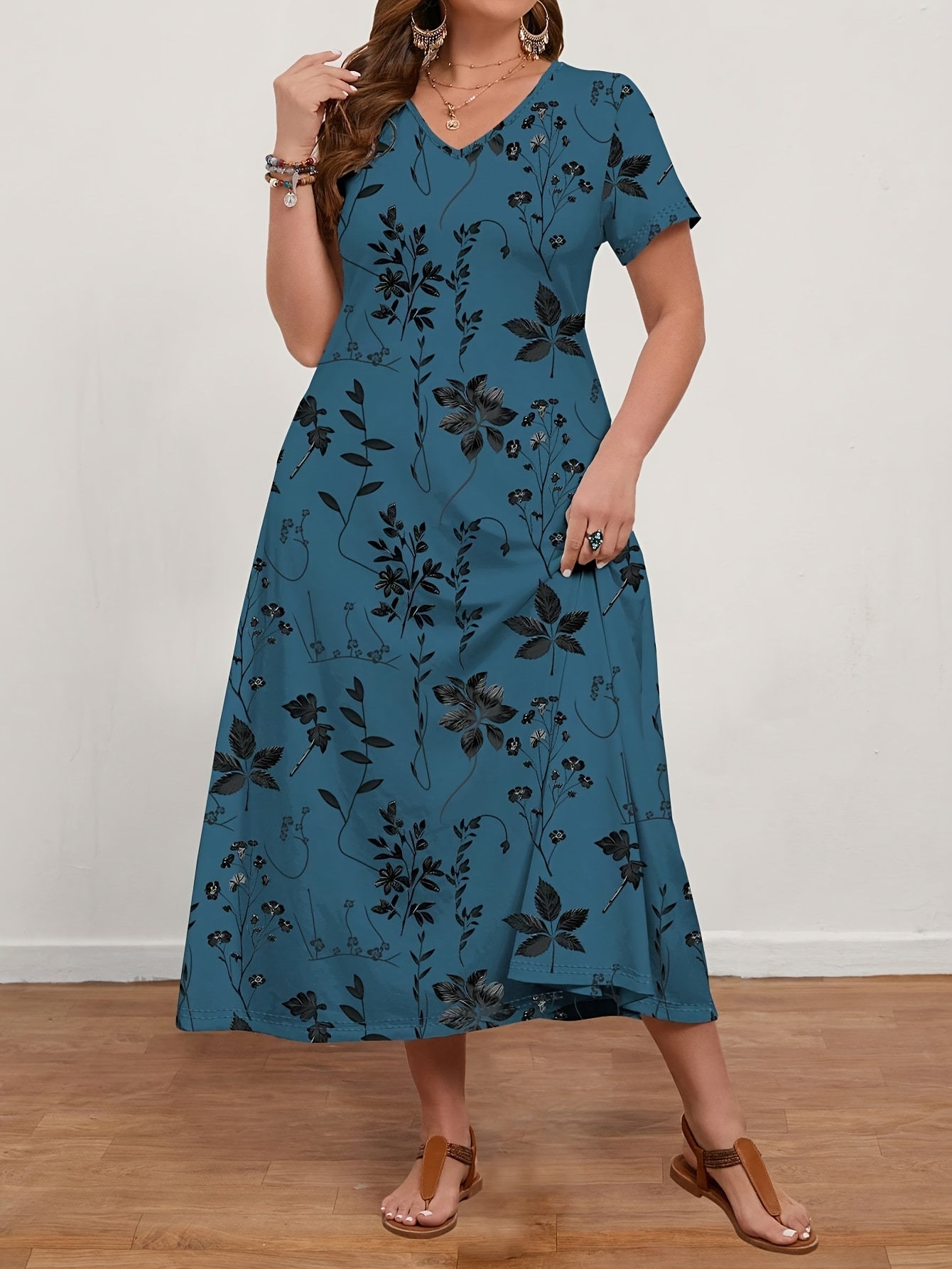 Women's Casual Vintage Floral Print V-Neck Short Sleeve Dress