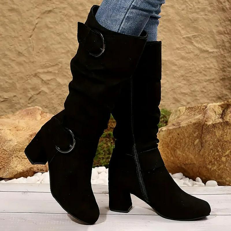 Women's Knee-High Boots - Mid Heel Platform with Zipper Closure