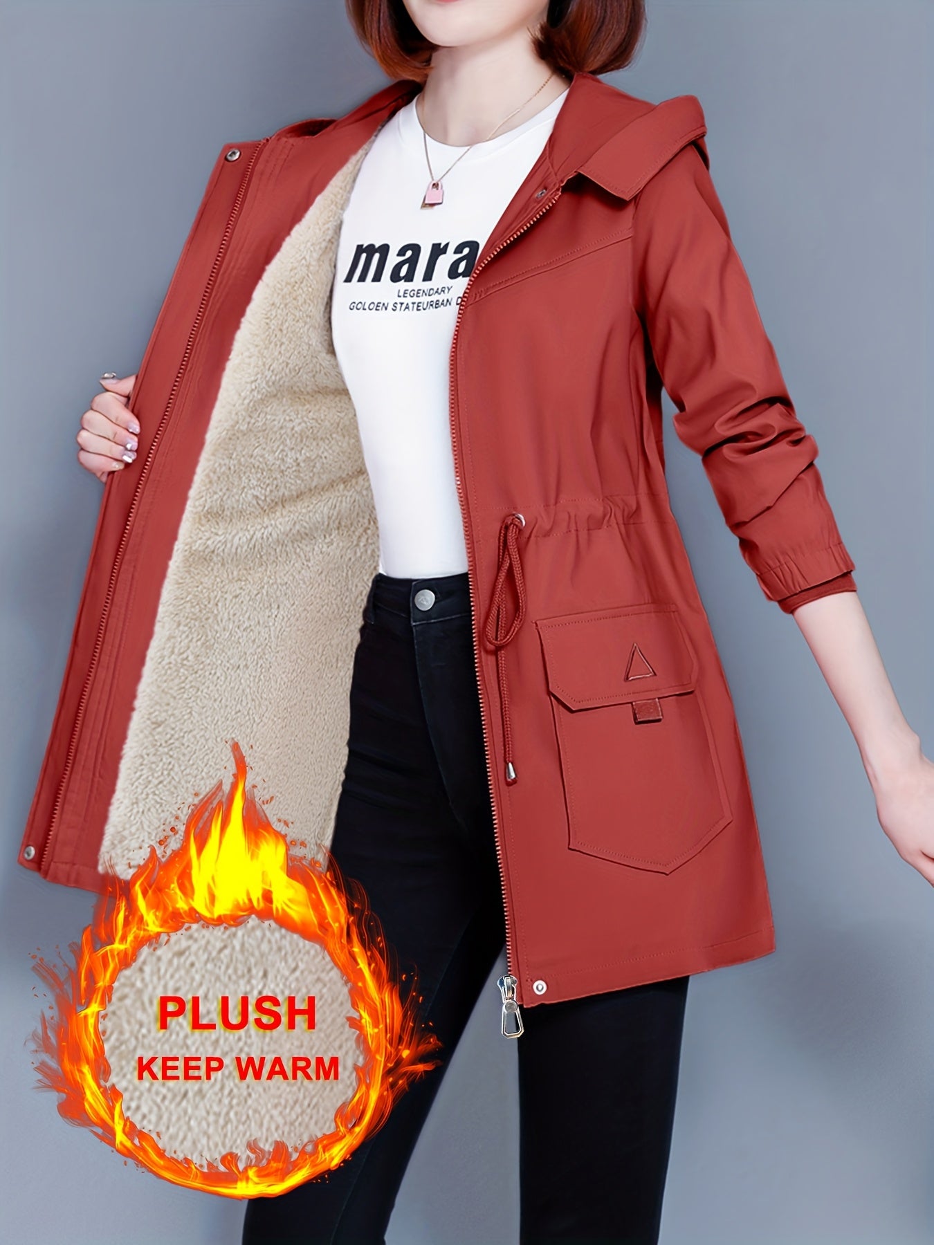 Kesixsty Women's Mid-Length Hooded Windbreaker Jacket with Plush Lining