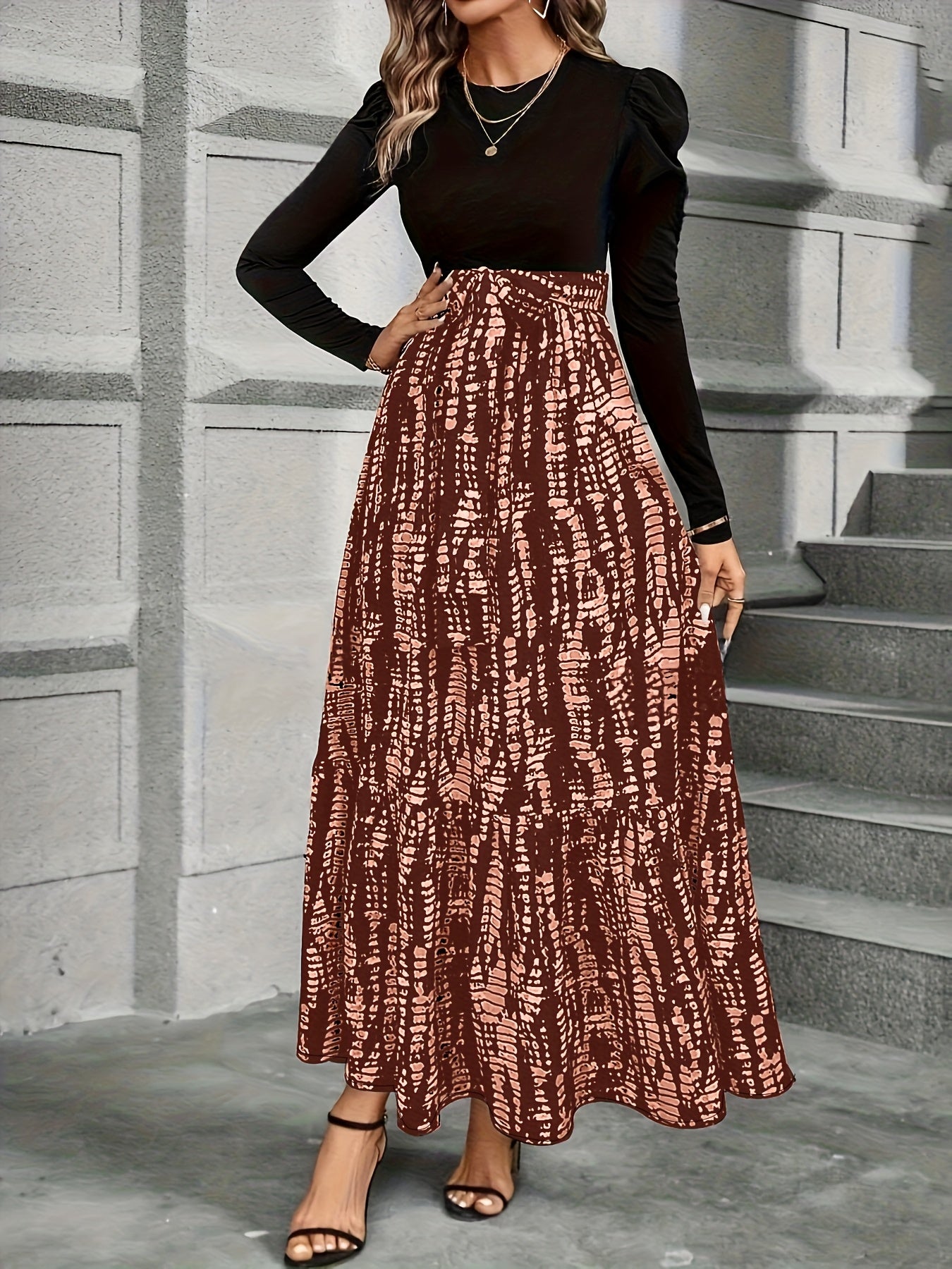 Women's Elegant Bubble Long Sleeve Midi Dress with Adjustable Waist Belt