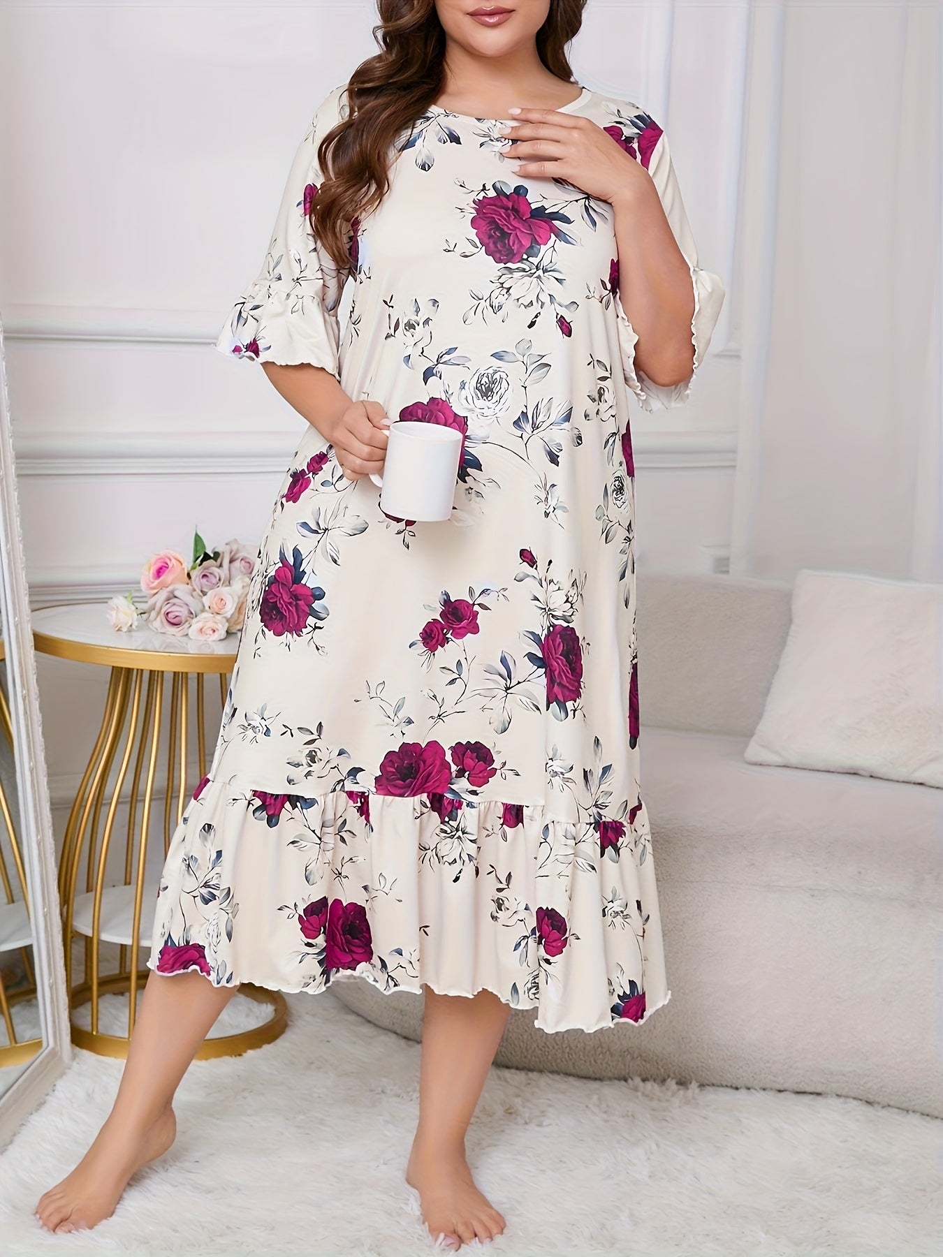 Elegant Floral Print Plus Size Nightgown
