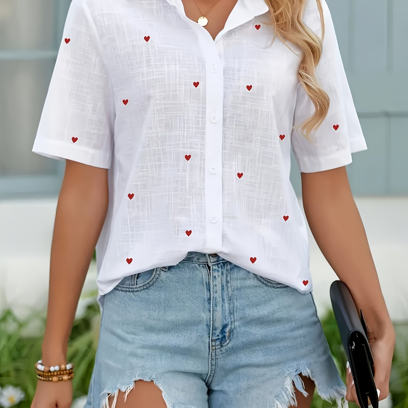 Women's Casual Short Sleeve Blouse with Heart Print & Button Collar