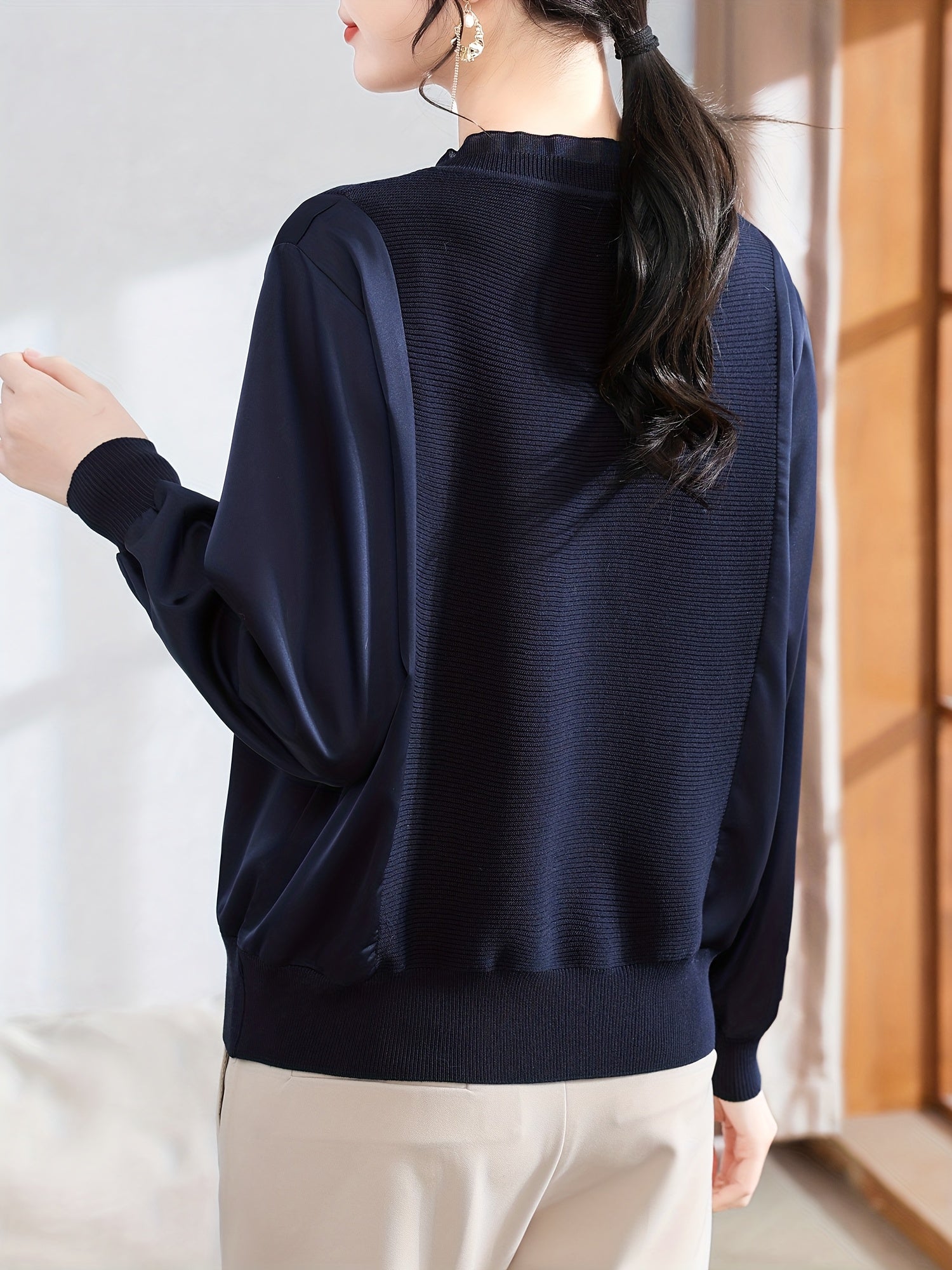 Women's Long-Sleeve Blouse - Age-Defying Tunic Top, Beige-Friendly & Breathable