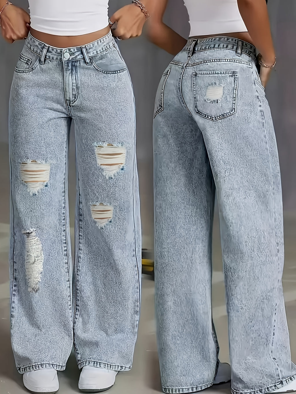 Women's Stretchy Distressed Jeans - Non-See-Through Stretchy Pants with Built-In Frayed Hem