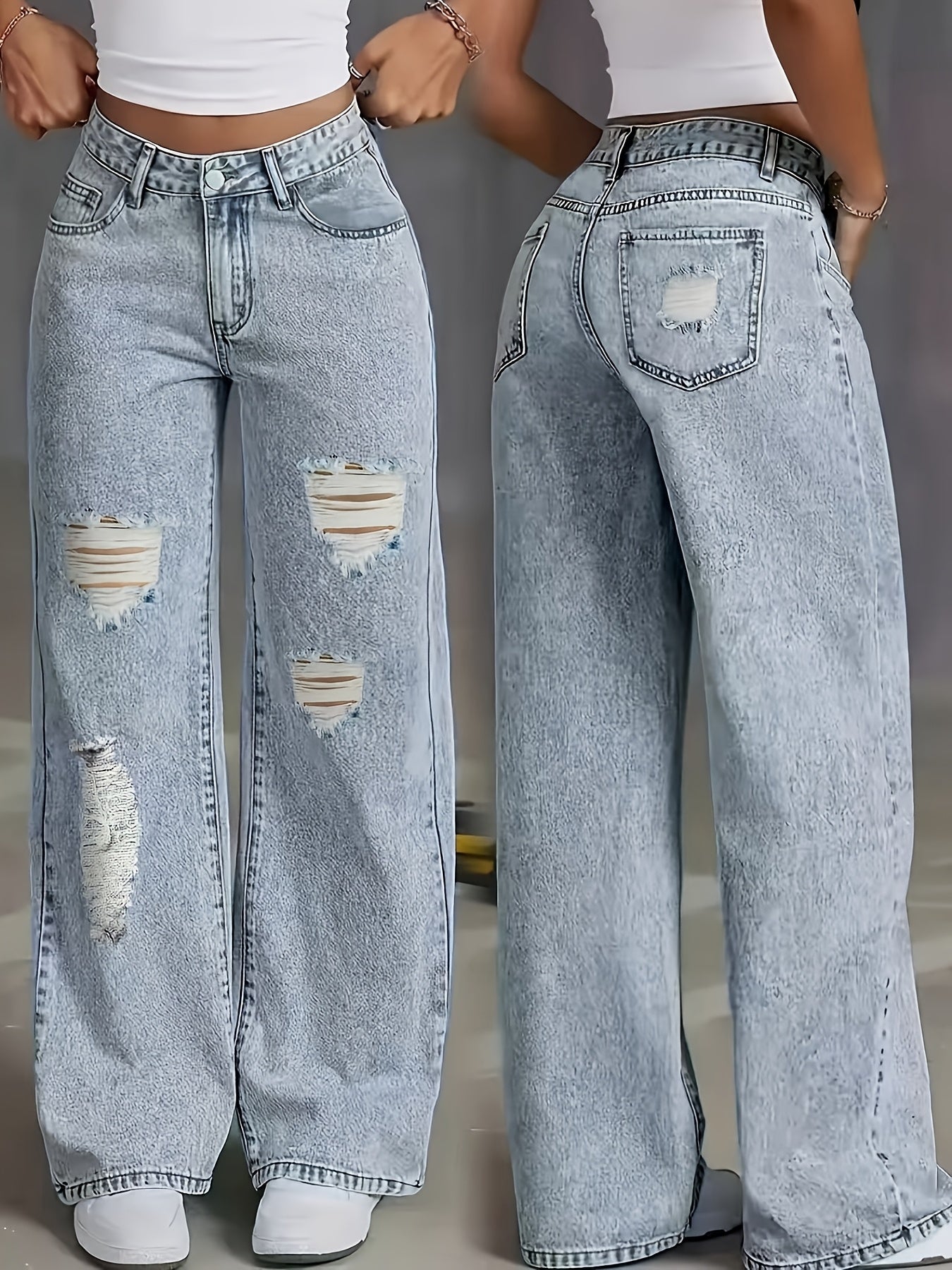 Women's Stretchy Distressed Jeans - Non-See-Through Stretchy Pants with Built-In Frayed Hem