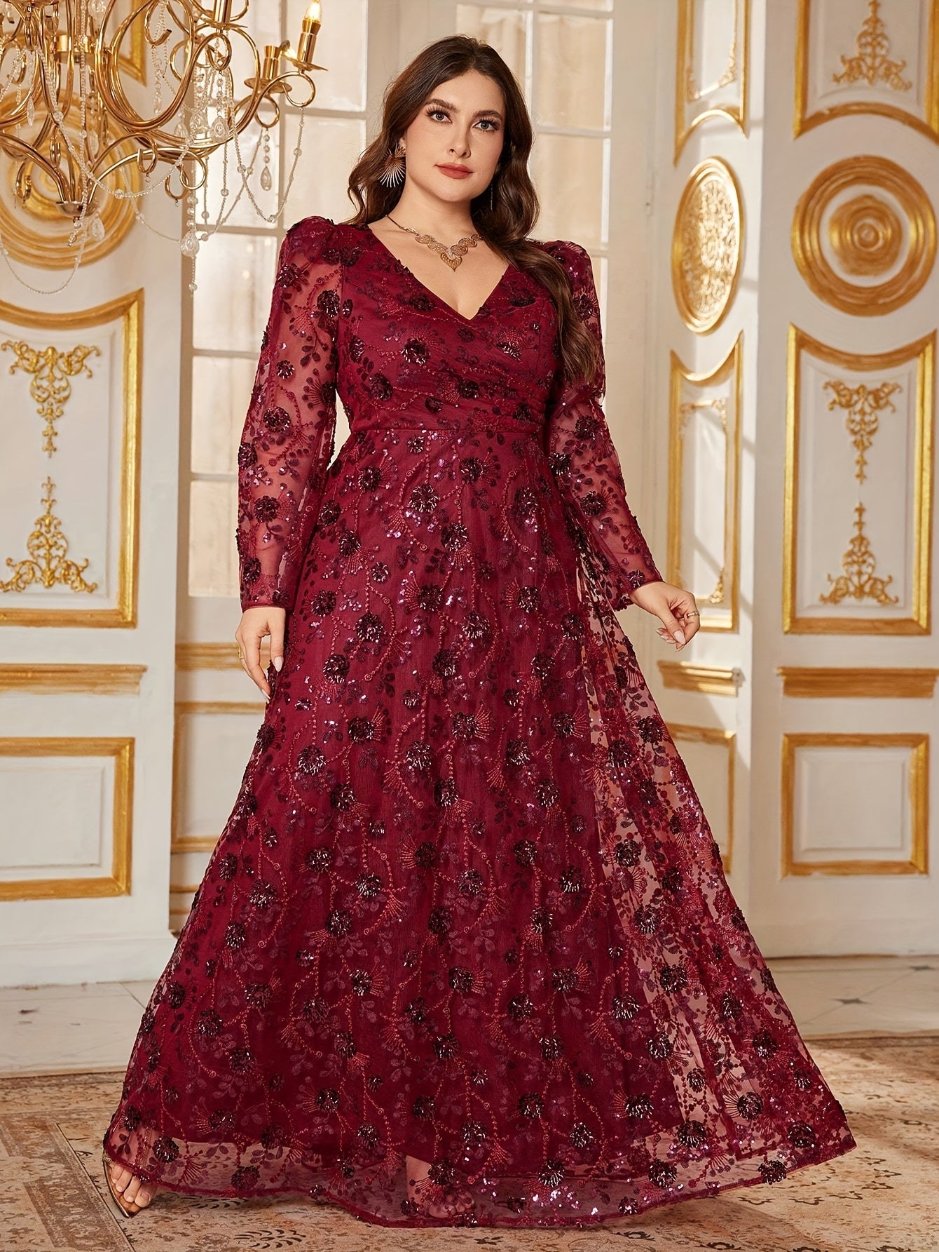 Plus Size, Elegant V-Neck Sequin Embellished Mermaid Evening Gown with Long Lampshade Sleeves