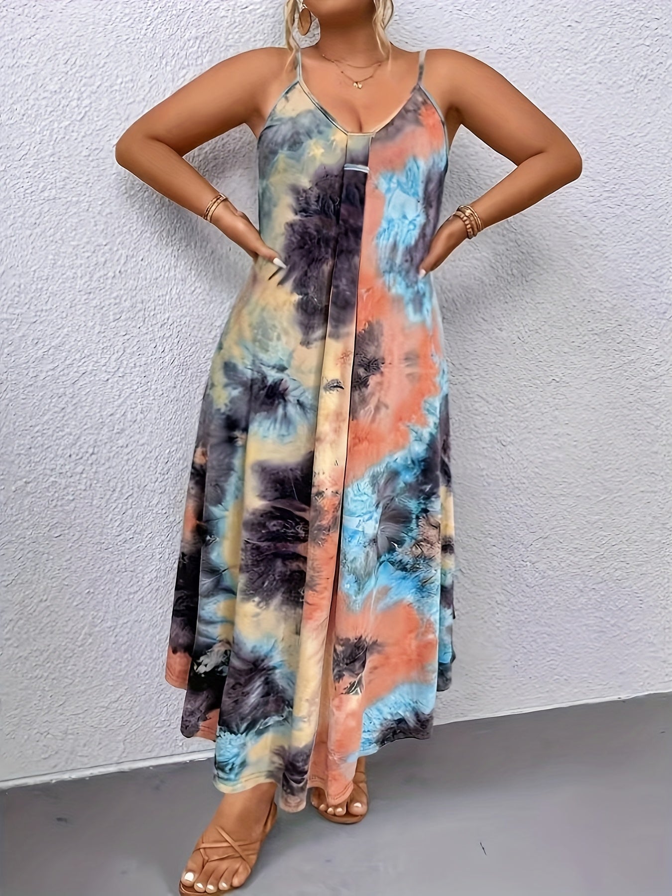 European and American trendy plus-size Women's tie-dye dress with halter neck