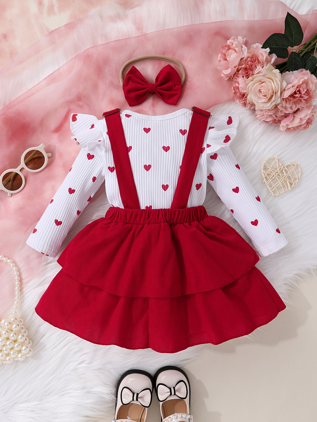 Set of 3pcs Baby Girl Heart Print Leaf Sleeve Top
