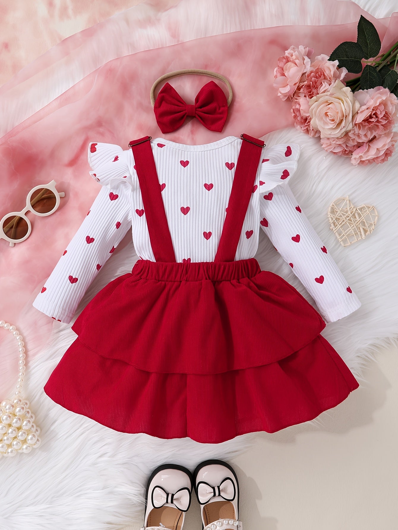 Set of 3pcs Baby Girl Heart Print Leaf Sleeve Top