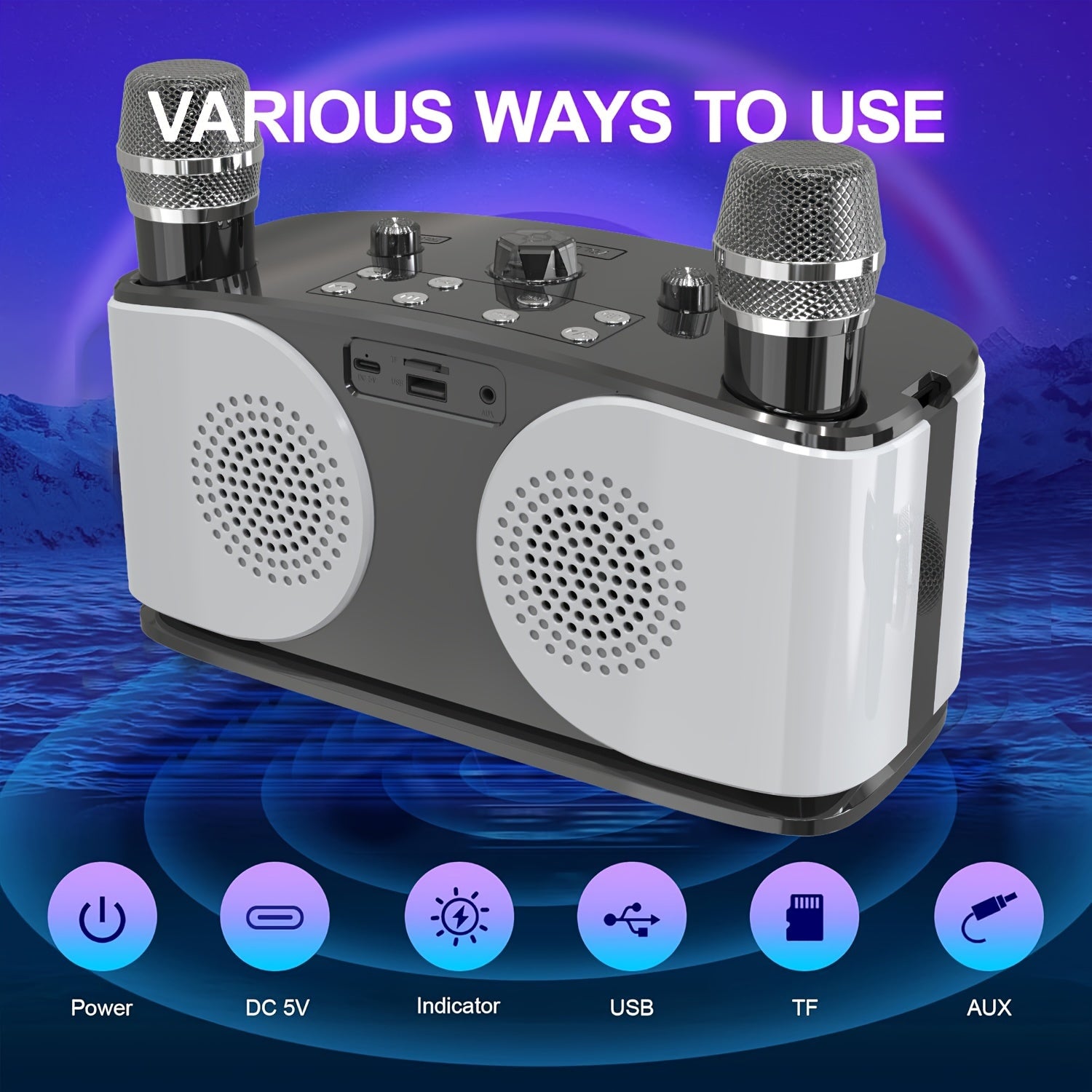 Dual-microphone portable wireless speaker with built-in RGB lights, supporting wireless AUX