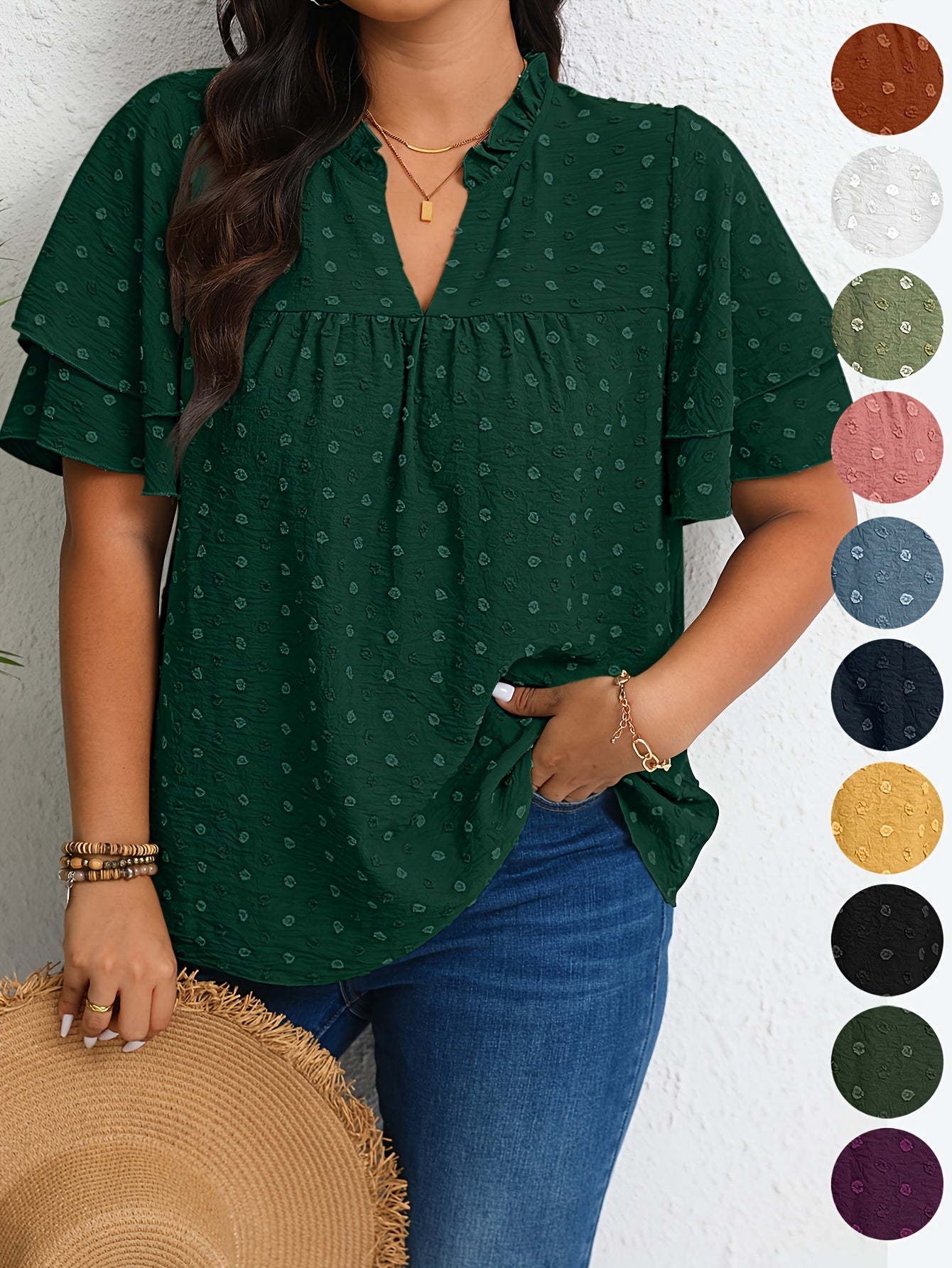 Plus Size Women's Casual V-Neck Blouse with Ruffled Short Sleeves